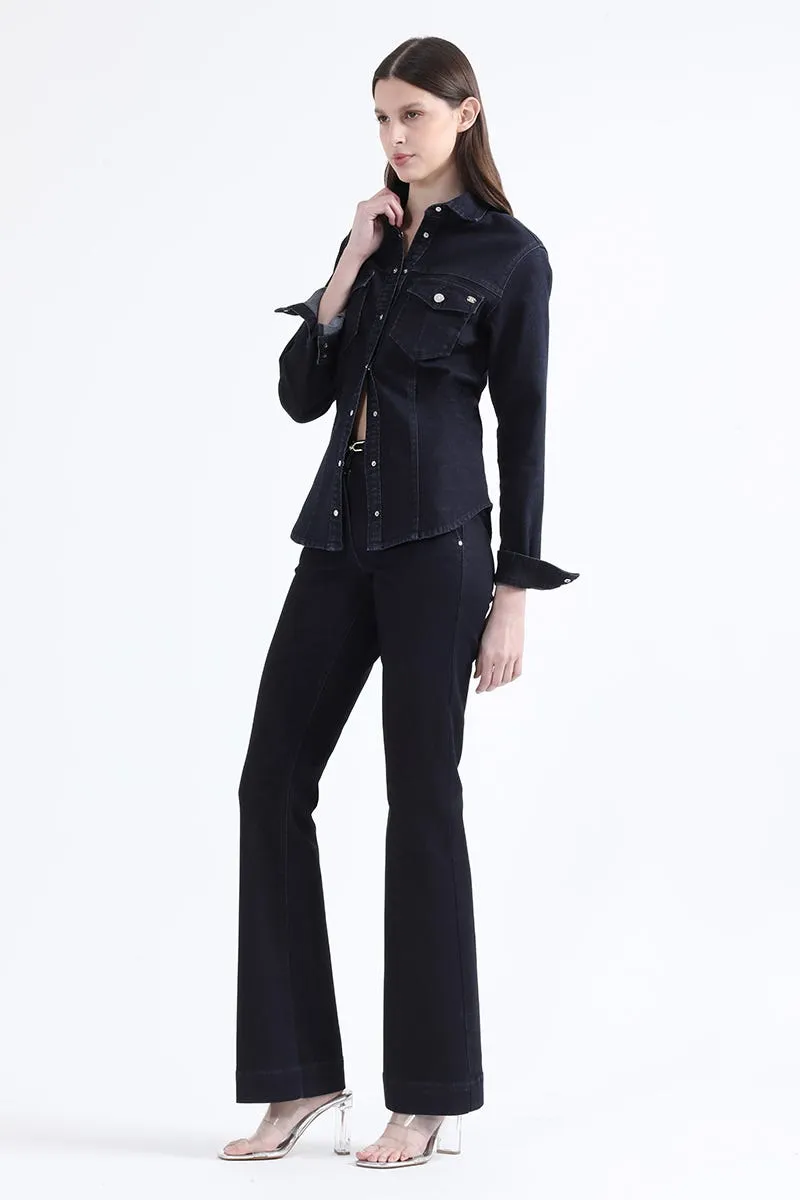 CAMISA DENIM ENTALLADA, BROCHES STRASS, INDIGO
