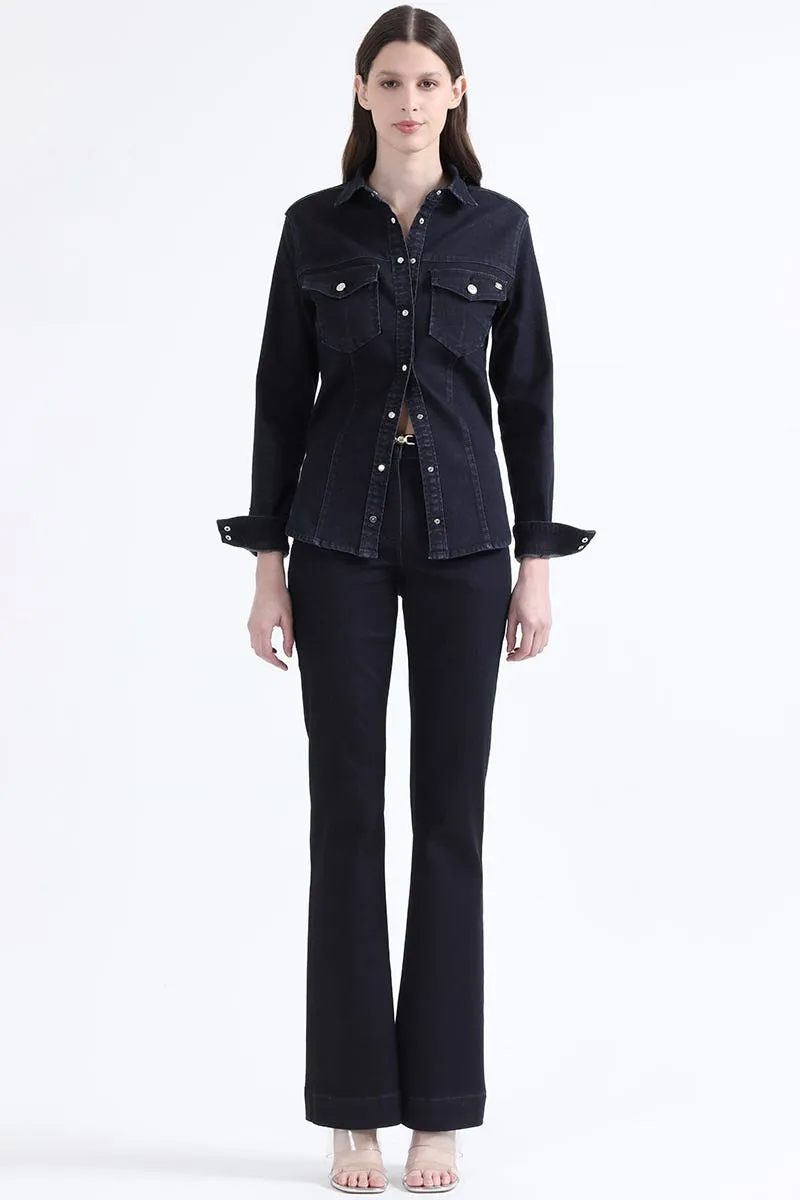 CAMISA DENIM ENTALLADA, BROCHES STRASS, INDIGO