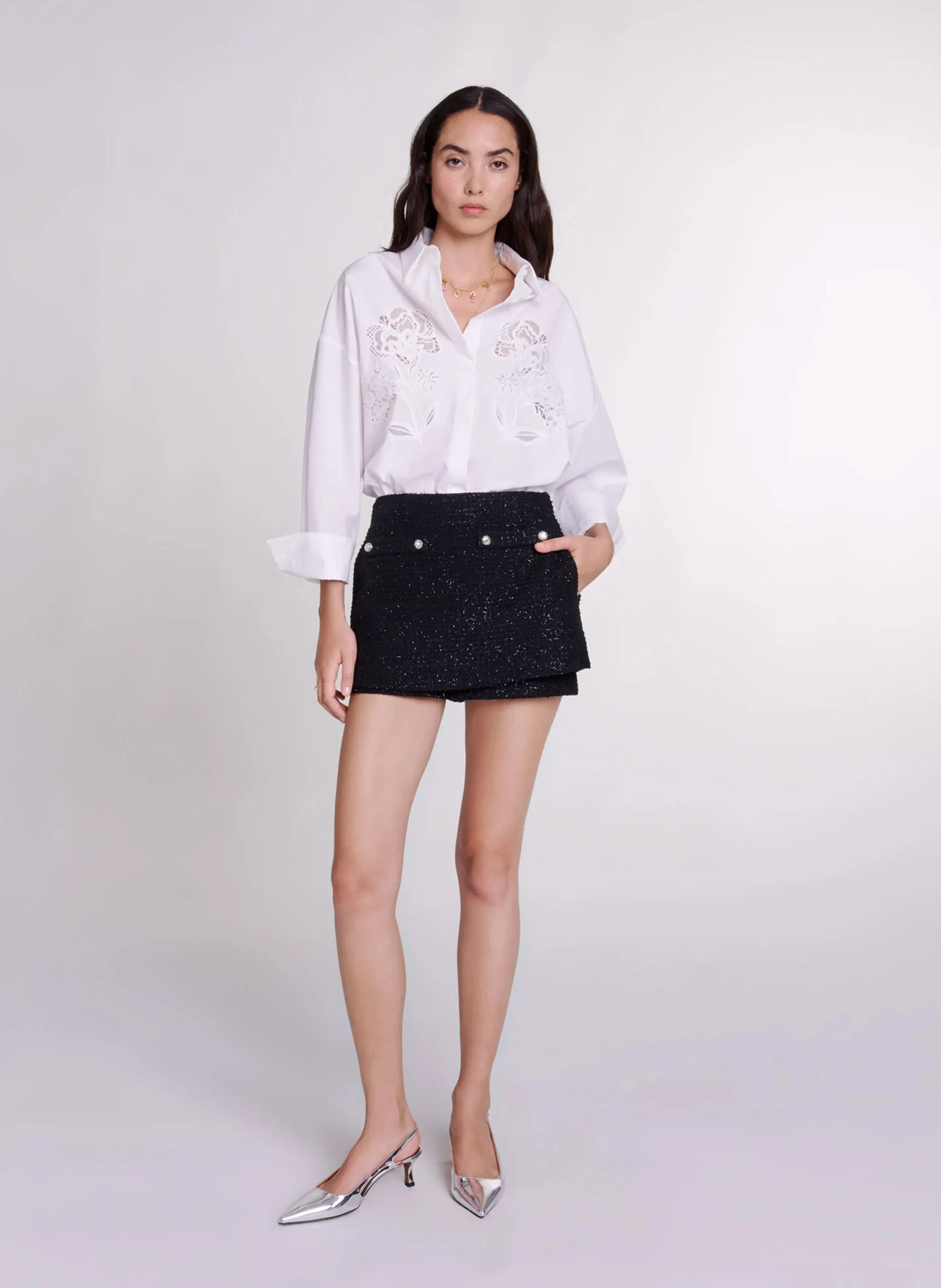 MAJE Short efecto superpuesto de tweed en negro