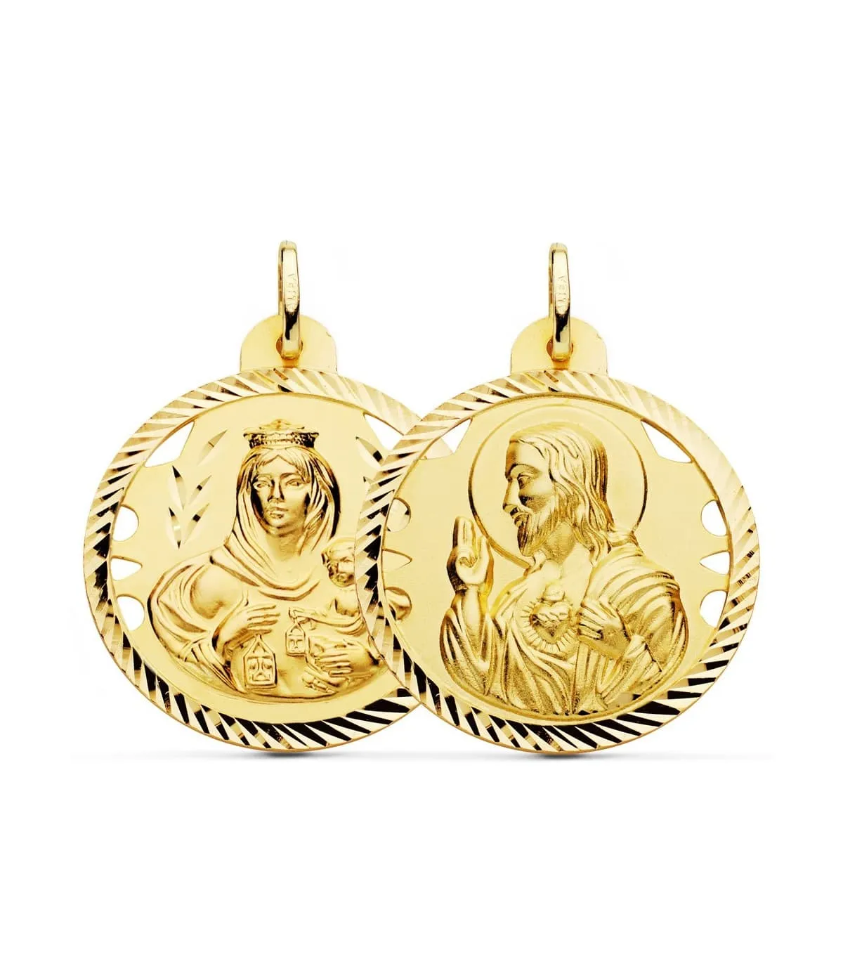 Scapulaire Vierge du Mont Carmel et Sacré Coeur Or 18 K 30mm Ajourée