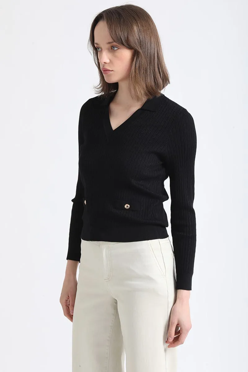 TEJIDO PUNTO TRENZADO CON CUELLO, NEGRO