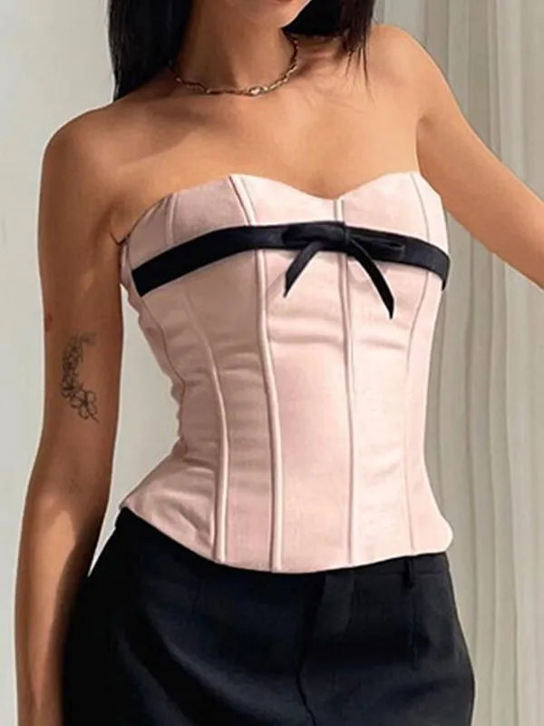 Top corsé rosa sin tirantes con lazo