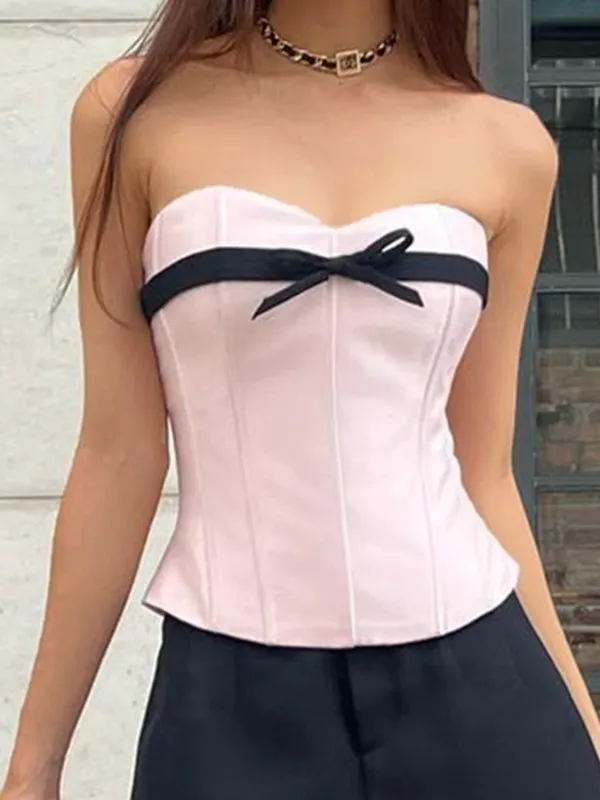 Top corsé rosa sin tirantes con lazo